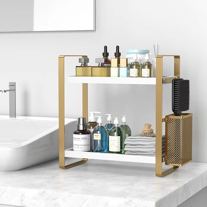 Bathroom Counter Organizer with Basket, Perfume,Makeup Organizers for Vanity,Storage Organizers for Bathroom, Kitchen, Dresser（White） - Image 6