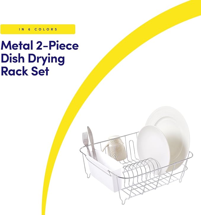 Sweet Home Collection Metal 2 Piece Dish Drying Rack Set Drainer with Utensil Holder Simple Easy to Use Fits in Most Sinks, 14.5" x 13" x 5.25", White - Image 2