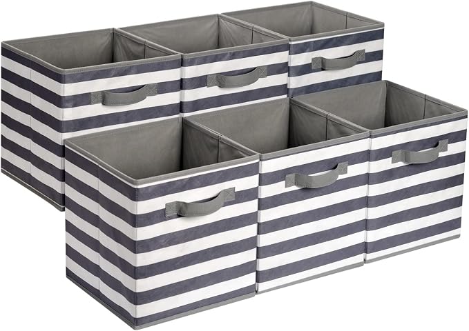 Amazon Basics Collapsible Fabric Storage Bins with Handles, Cube Organizer for Organizing, 13"x13"x13", White/Light Grey Stripe, 6-Pack by AmazonBasics