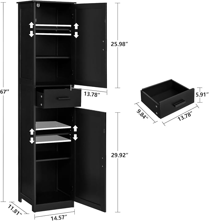 usikey 67'' Tall Storage Cabinet with 4 Shelves & 2 Doors, Bathroom Cabinet with 1 Drawer, Narrow Storage Cabinets for Bathroom, Living Room, Home Office, Black - Image 3