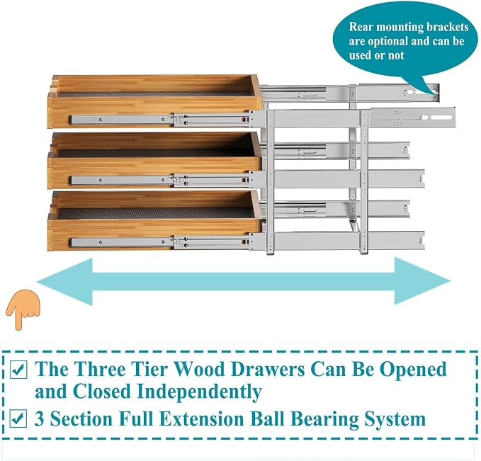 OCG Pull Out Cabinet Drawer 17" W x 21" D, 3 Tier Pull Out Cabinet Organizer, Heavy-Duty Slide Out Drawer for Cabinets, Organization for Kitchen, Pantry, Bathroom - Image 7