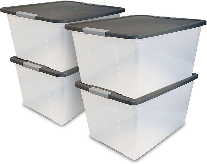 HOMZ 4-Pack Secure Latch, Clear Plastic Storage Organizer Bins, 64 Quart, Gray Lid - Stackable Container Boxes for Bedroom, Bathroom, Garage, and Office Organization by Homz