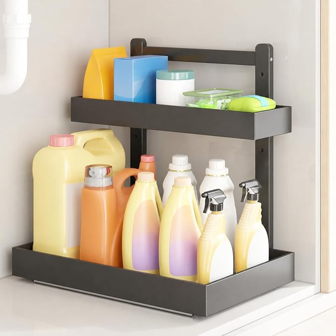 Bamboo Under Sink Organizer 2 Pack, 2-Tier Pull Out Cabinet Organizer | Kitchen Sink Organizer | Bathroom Cabinet Organizer | Cleaning Supply Storage | L-Shape | 3-Level Adjustable | Natural Bamboo - Image 8