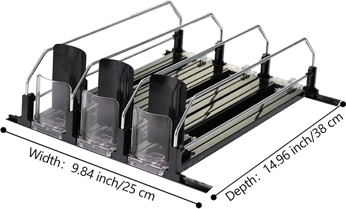 Soda organizer for Fridge, Automatic Push Drink Organizer for Refrigerator - Adjustable Width (Holds 15 Cans), Durable Beer & Drink Dispenser with Self-Pushing Glide System, Black - Image 2