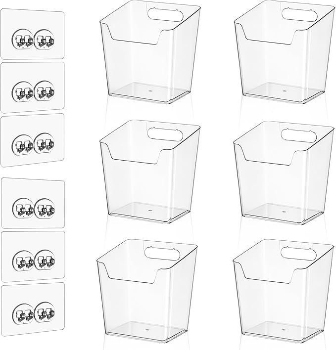 Clear Inside Cabinet Door Organizer, 6 Pack Plastic Wall Storage Bin Adhesive, Vertical Versatile Caddy Makeup Brush Pen Holder for Small Spaces in Bathroom, Office, Kid's Room Organization, No-Drill by Hiopeak