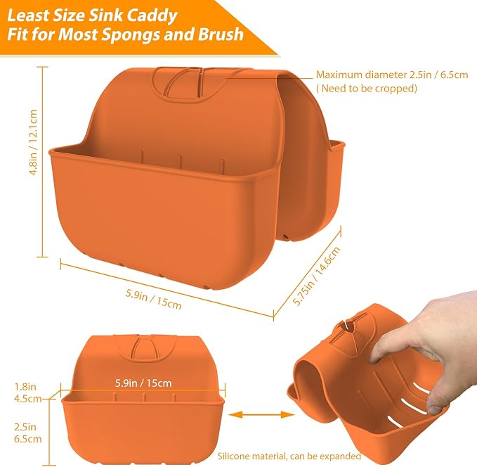 Sponge Holder for Kitchen Sink, Silicone Sink Saddle Caddy Organizer Rack, Sponges Holder Over Faucet, Hanging Kitchen Organizer Accessories Rack Basket - Orange - Image 2