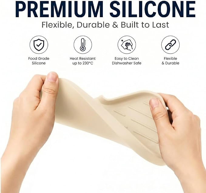 MicoYang Silicone Soap Dish with Drain Spout — Self-Draining Sink Organizer Tray for Bathroom & Kitchen, Sponges, Dispensers & Soap Holder, Non-Slip & Dishwasher Safe, Tapioca (Medium, 9.6"×5.3") - Image 8