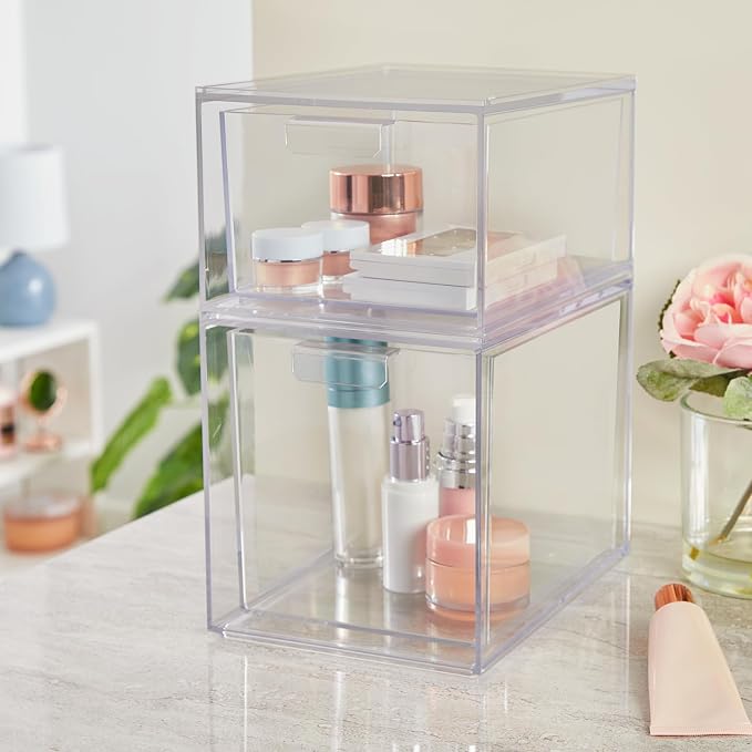 STORi Audrey Stackable Clear Bin Plastic Organizer Drawers | 2 Piece Set | Organize Cosmetics and Beauty Supplies on a Vanity | Made in USA (Pack of 6) - Image 2