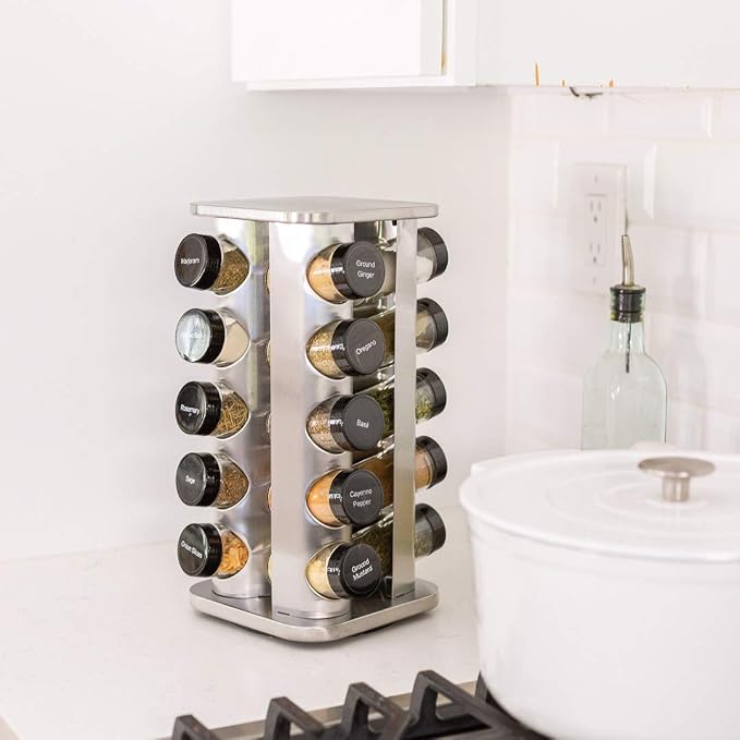 20 Jar Rotating Spice Rack with Spices Included & 5-Year Free Spice Refill Program – Stainless Steel Countertop Spice Rack with 3 oz Glass Jars | 5-Year Free Spice Refill Program, Stainless Steel Countertop, 3 oz Glass Jars - Image 3