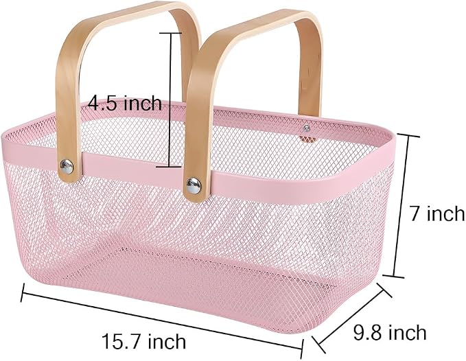 Portable Mesh Harvest Basket - Natural Bamboo Handle Foldable Organizer for Kitchen, Garden & Picnic | Ventilated Storage Bin with Rust-Proof Wire, Space-Saving Farmhouse Decor (Pink) - Image 2