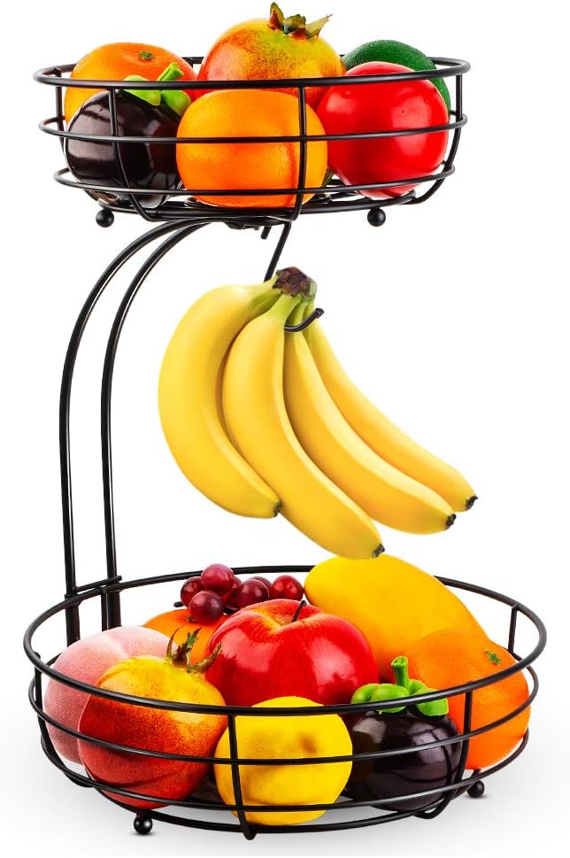 Auledio Iron 2-Tier Countertop Fruit Vegetables Basket Bowl Storage With Banana Hanger, Black, 64 ounces by Auledio