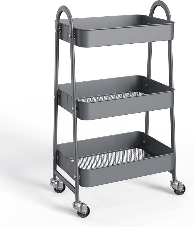NEWBULIG 3-Tier Metal Rolling Cart with Lockable Wheels, Heavy Duty Mobile Utility Storage Shelf, Roller Book Snack Cart, Grey | Mobile Organizer Shelf, Space-Saving, Freestanding, Bathroom, Living Room, Slim, Narrow Corner Spaces, Grey by NEWBULIG