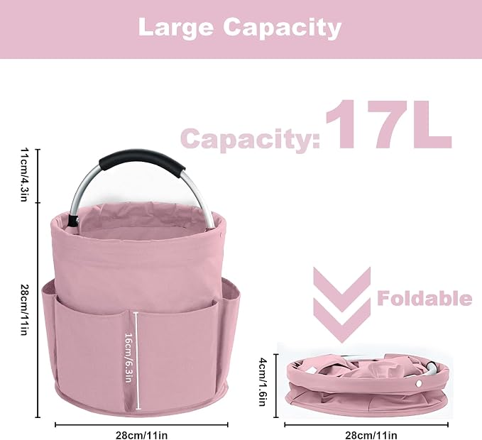 Cleaning Caddy with Handle, Cleaning Products Organiser, 17L Foldable Storage Basket, Cleaning Caddy Organiser, Portable Multi Cleaning Bucket Bag for Home, Garden (Pink) - Image 2