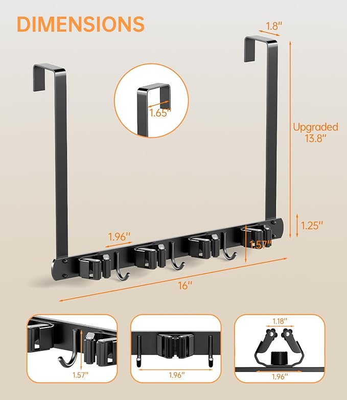 Broom Holder Over The Door with Hooks -304 Stainless Steel (Black) | Save Space, Anti-Rust & Sturdy, Mop and Broom Holder Wall Mounted or Hanging Over The Door, for Garage Laundry Kitchen - Image 5