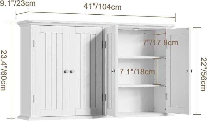 ChooChoo Laundry Cabinet with 4 Doors and Adjustable Shelves | 9.06"D x 40.9"W x 24"H, Bathroom Wall Cabinet, Cupboard, White - Image 3