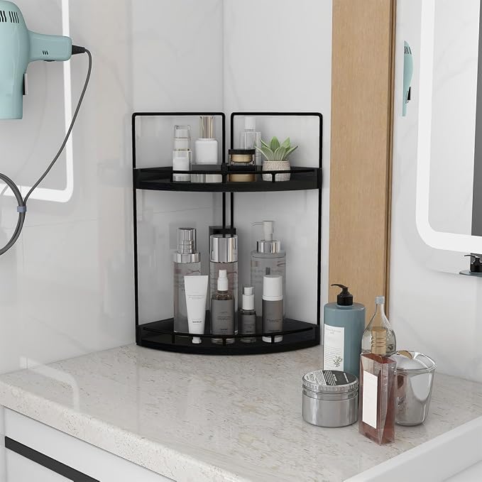 Dorhors Corner Bathroom Counter Organizer,Vanity Countertop Storage Shelf | 2-Tier Black Rack Holder for Skincare,Perfume,Makeup,Lotion,Wood Sink Tray Stand for Kitchen,Restroom,Dresser - Image 2