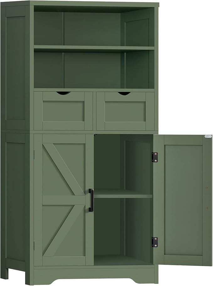 Bathroom Cabinet with Adjustable Shelf & 2 Drawers, Farmhouse Storage Cabinet with 2 Doors, Kitchen Storage Cabinets for Living Room, Entryway, Home Office, Forest Green by TEENFON