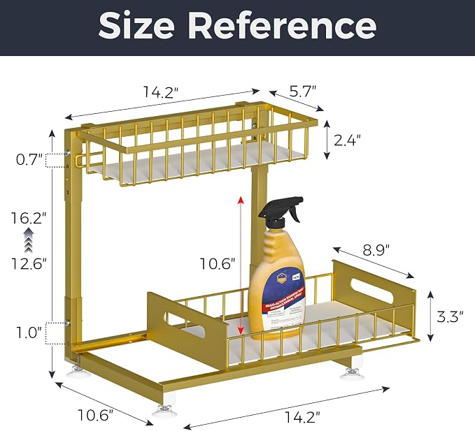 L-Shaped Under Sink Organizer, 2-Tier Pull-out Cabinet Rack 1-Pack | Gold Height-Adjustable Steel Rack, Sliding Grid Drawers with PP Liners, Holds 100 Lbs, Suction Base, Ideal Kitchen Storage - Image 6