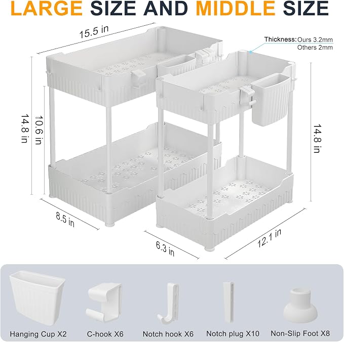 2-Pack Under Sink Organizer with Hooks & Hanging Cup for Kitchen | Multi-use kitchen & bathroom storage, 14.8 inch white cabinet organizer, with hooks and hanging cup for easy access. - Image 2