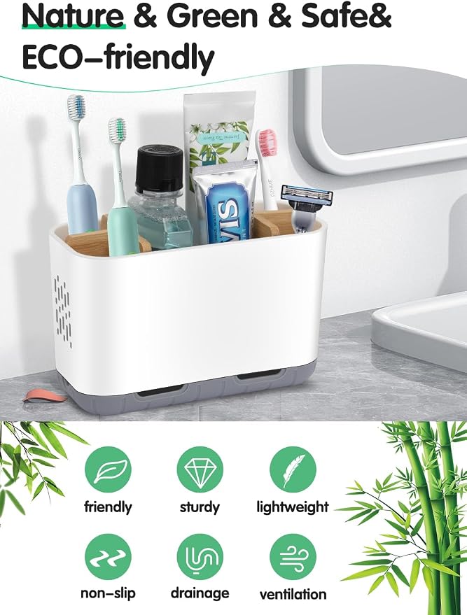GFWARE Toothbrush Holders for Bathrooms - Bamboo Divider Toothbrush and Toothpaste Holder with Drainage, Kids Electric Toothbrush Organizer for Bathroom Countertop, White Tooth Brush Holder | 5 Slots Toothbrush and Toothpaste Holder with Bamboo Divider... - Image 2