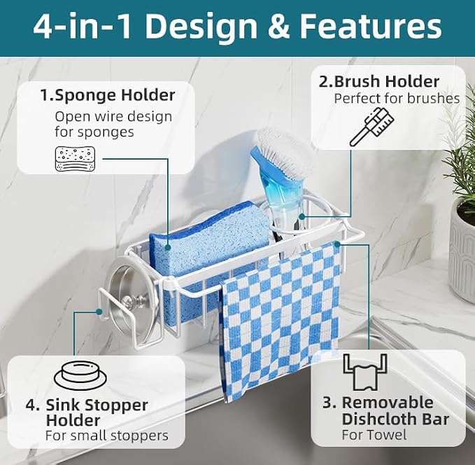 TAILI 4-in-1 Sink Caddy for Kitchen Sink with Strong Suction Cup-White | Removable Sponge Holder for Kitchen Sink Organizer, Rustproof 304 Stainless Steel Holder for Sponge, Brush, Scrubber, Scraper - Image 5