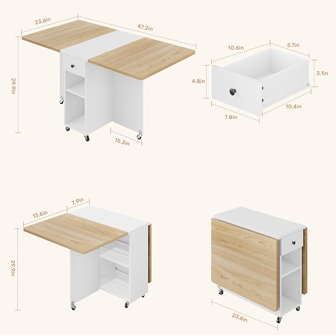 Jocoevol Space Saving Folding Dining Table for 4, Foldable Dining Table with Drawer and Storage Shelf, 6 Wheels Drop Leaf Kitchen Dining Room Table for Small Space (Natural, 47.2" x 23.6" x 29.9") - Image 2