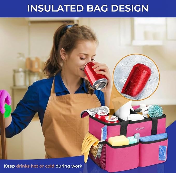 Ytonet Portable Cleaning Caddy with Handle, Water Resistant Cleaning Bag | with Handle & Foldable Divider for Cleaners, Housekeeping Tote for Kitchen & Bathroom, Car Tool Caddy Organizer Bag, Rosered - Image 5