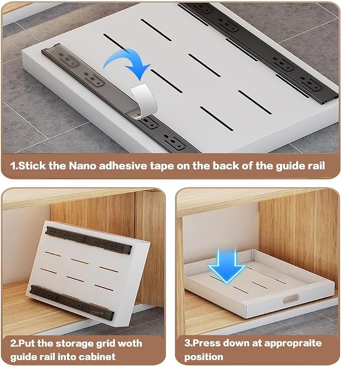 2 Pack Pull Out Cabinet Organizer Adhesive, 12" Wide,16.9" Deep Heavy Duty Slide Out Drawers for Face Frame or Frameless Cabinets, Roll Out Cabinet Organizer for Kitchen Organizer, Bathroom,Pantry - Image 4
