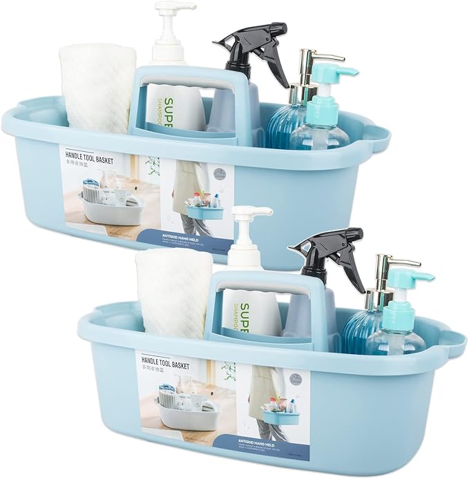 Large Cleaning Supplies Caddy Portable Shower Caddy Basket Blue 2 Pack | Sturdy Supply Organizer with Handle Plastic Bucket Tool Storage for Bathroom Bedroom Kitchen Garden College Dorm Essentials by JiatuA