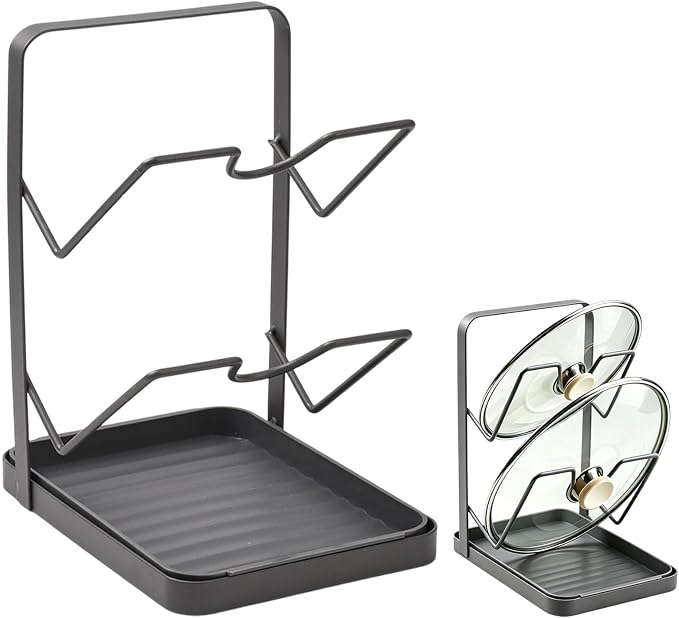 BEEFLYING Pot Lid Holder Organizer for Countertop with Tray, Gray | Holds 2 Pot Lids, 7.17*5.39*8.86In, Carbon Steel for Cooking Stove Top Kitchen Counter Cabinet Blanched by BEEFLYING