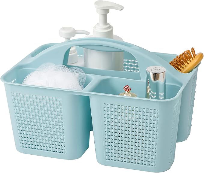 Plastic Portable Shower Caddy Basket with Handle, 3 Compartments, Blue | Storage Organizer with Drain Holes, Sturdy and Durable For Bathroom, Kitchen, College Dorm, Sink, Camping by UUJOLY