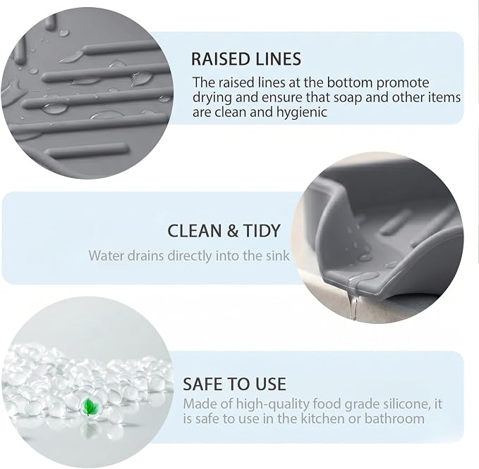 MicoYang Silicone Soap Dish with Drain Spout, Self-Draining Sink Organizer Tray for Bathroom and Kitchen, Sponges, Dispensers and Soap Holder, Non-Slip and Dishwasher Safe, Grey (Compact, 4.9"×3.2") - Image 8