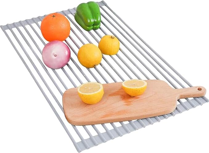 Ahyuan Large Roll up Dish Drying Rack Silicone Foldable Rack Over Sink Dishes Drainer Roll-up Sink Drying Racks Full Silicone Coated Stainless Still Dish Drying Rack (Warm Grey, 17.7''X13.13'') - Image 7