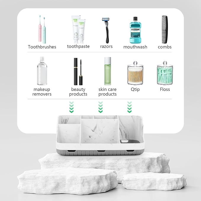 GFWARE Marble Bathroom Toothbrush Holder Set with 2 Qtip Holder Dispenser | Detachable 7 Slots Bathroom Accessory Set, Kids Bathroom Sink Counter Set, Bathroom Essentials Decor, Anti-Slip, Marble-Look - Image 4