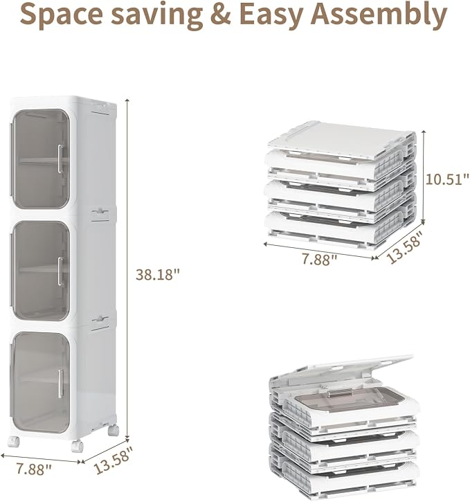 3 Tier Slim Bathroom Storage Cabinet, Foldable and Movable, White | Tools Free, ABS and PET, Magnetic Clear Door, Adjustable Shelves, Lockable Wheels, Water Resistant, For Narrow Space - Image 2