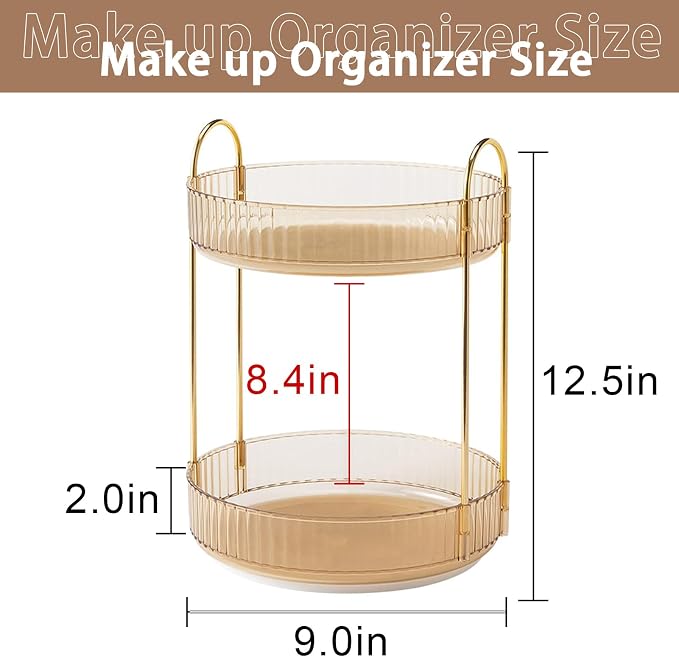 Rotating Makeup Organizer for Vanity, High-Capacity Skincare Clear Make Up Storage Perfume Organizers Cosmetic Dresser Organizer Countertop 360 Spinning (Gold, 2 Tier) - Image 2