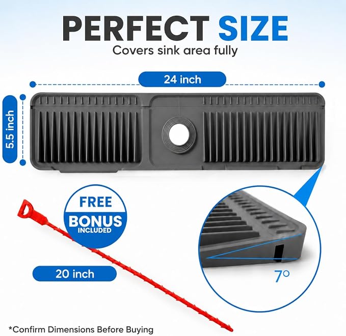 Faucet Mat for Kitchen Sink – 24 Inch Silicone Sink Splash Guard with 2 FREE Drain Cleaning Rods, Food-Grade Kitchen Faucet Mat, Self-Draining Countertop Protector for Kitchen & Bathroom - Image 3
