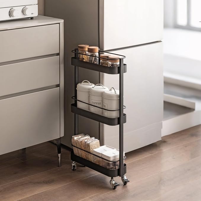 Narrow 3 Tier Rolling Cart, Slim Storage Cart for Bathroom Kitchen | 3 spacious tiers, durable carbon steel frame and smooth swivel wheels provide flexible storage and easy mobility. - Image 2