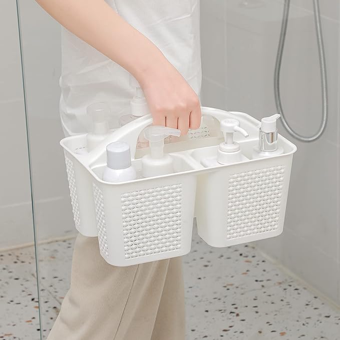 Plastic Portable Shower Caddy Basket with Handle, 3 Compartments, White | Storage Organizer with Drain Holes, Sturdy and Durable For Bathroom, Kitchen, College Dorm, Sink, Camping - Image 3