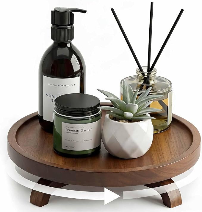 10" Solid Wood Lazy Susan Turntable Organizer for Cabinet, Pantry, Kitchen Countertop - Farmhouse Style with Raised Feet & Water-Resistant Coating, Rustic Bathroom Vanity Tray and Dining Table Decor by Unknown