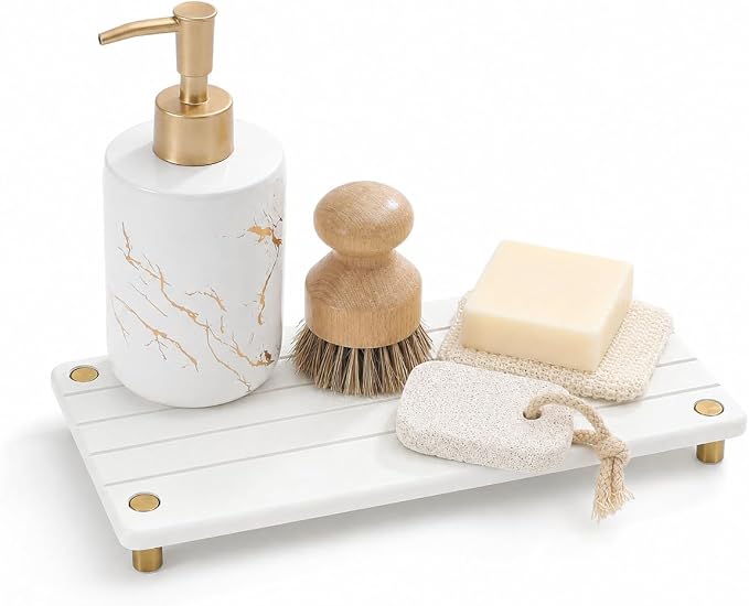 Instant Dry Sink Caddy Kitchen Sink Organizer, Quick Drying Stone Tray Diatomite Sponge Holder Soap Dish, Bathroom Countertop Fast Dry Water Absorbing Vanity Rack, Gold White, 12" x 5" by Razborci