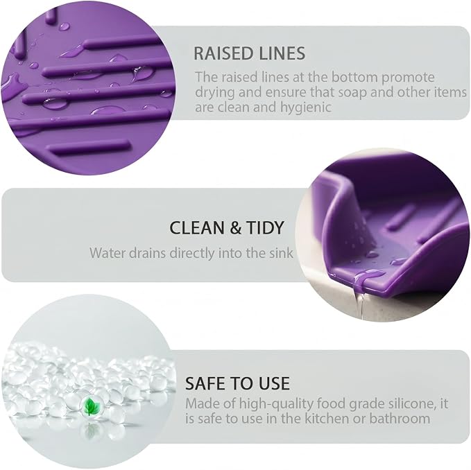 MicoYang Silicone Soap Dish with Drain Spout, Self-Draining Sink Organizer Tray for Bathroom and Kitchen, Sponges, Dispensers and Soap Holder, Non-Slip and Dishwasher Safe, Purple (Compact, 4.9"×3.2") - Image 8