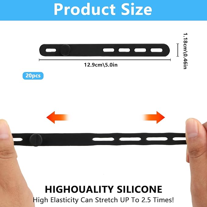 25 Pcs Black Silicone Cable Ties, Reusable Cable Straps Wire Organizer. | Cable Management Cord Organizer for Fastening Earphone Phone Charger Home Office Desk Kitchen Appliances Cable Cords Wires - Image 2