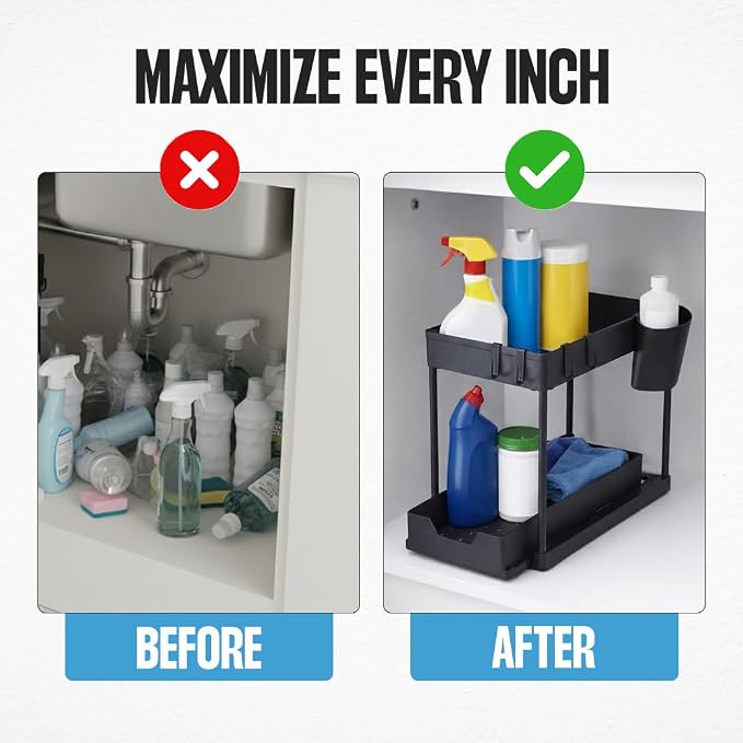 Undersink Organizer, 2-Tier Under Sink Storage Rack with Sliding Drawers for Kitchen Bathroom Cabinets, Pull Out Organizer for Pantry, Laundry Room & Closet Organization - 2 Pack, Black - Image 5