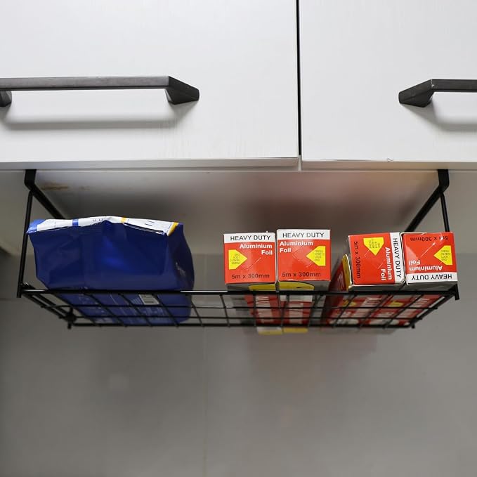 Foil and Plastic Wrap Organizer Kitchen Under Cabinet Desk Pantry Hanging Organizer Storage Foldable Rack (Black) - Image 3