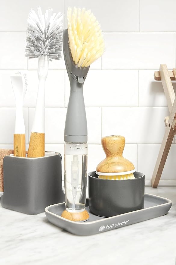 Full Circle Stash, Ceramic Kitchen Sink Caddy, Stylish Modular Sponge Holder & Dish Brush Organizer, Gray and White, 11" - Image 2