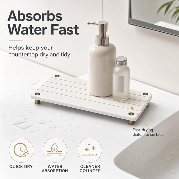 Instant Dry Sink Caddy Kitchen Sink Organizer, Quick Drying Stone Tray Diatomite Sponge Holder Soap Dish, Bathroom Countertop Fast Dry Water Absorbing Vanity Rack, Gold White, 12" x 5" - Image 2