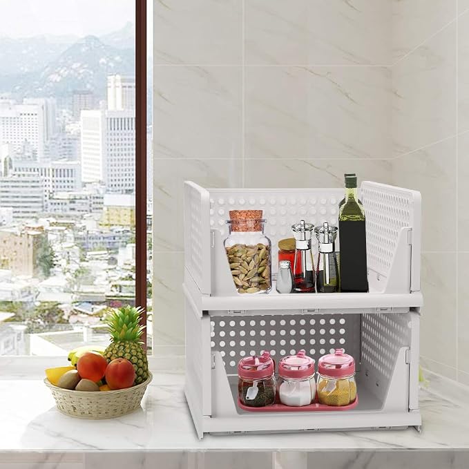 Folding Wardrobe Storage Box 4-Pack Plastic Drawer Organizer Stackable Shelf Baskets Cloth Closet Containers Bin Cubes,Home Office Bedroom Laundry Fold Pull Out Dividers for Clothes,Toys White - Image 4