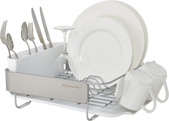 KitchenAid Compact Satin Wire Rust Resistant, Expandable Dish Rack with Angled Self Draining Drainboard with Removable Flatware Caddy, 23.18-Inch, Gray - Image 4