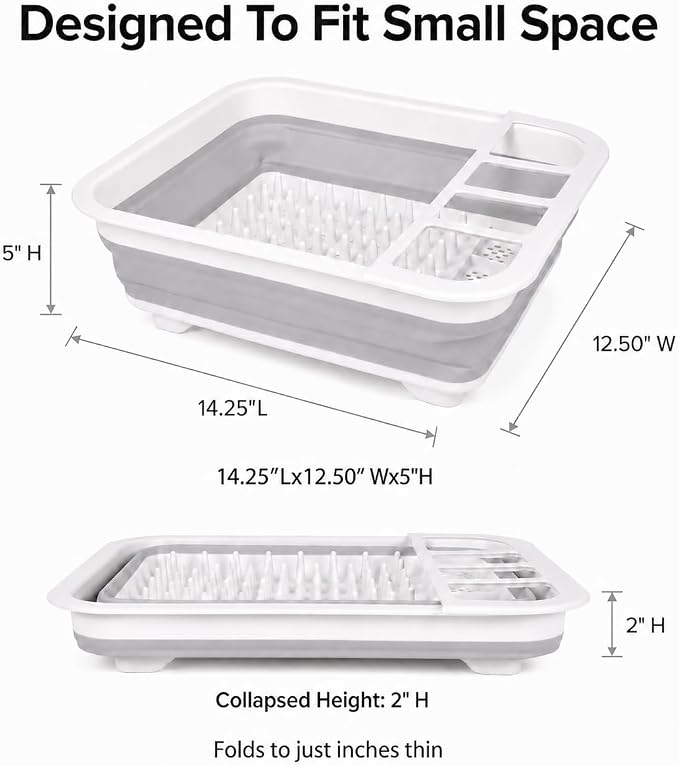 American Dream Collapsible Dish Drying Rack, BPA Free, Grey Foldable Kitchen Dish Drainer with Drain System, Space-Saving Organizer for Plates, Cups & Utensils - Image 2